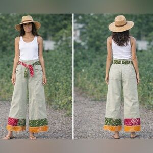 Upcycle wide leg pants with Kantha bottoms and belt.